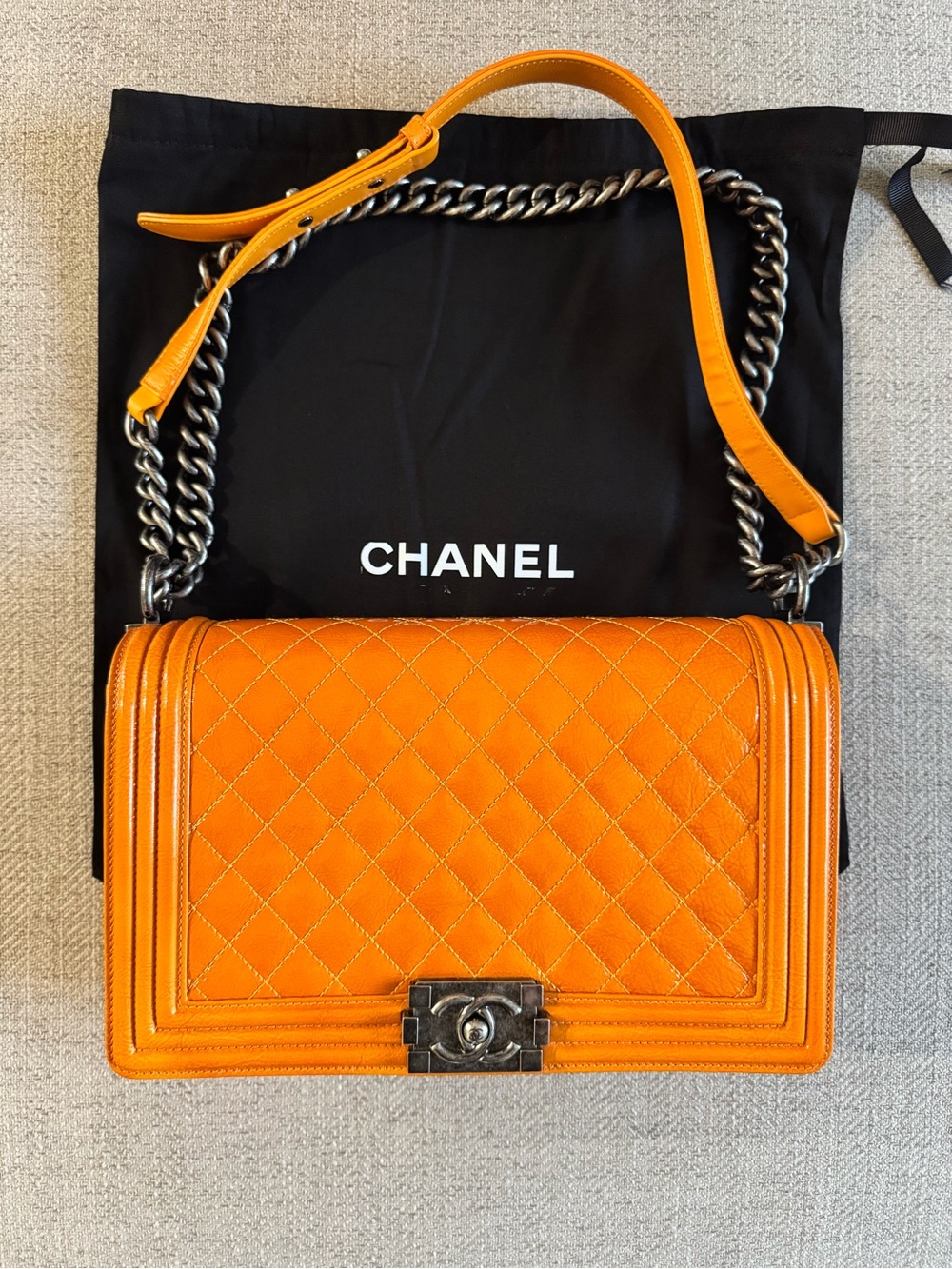 CHANEL Orange Quilted Large Boy Shoulder Bag Gunmetal Chain By Karl Lagerfeld